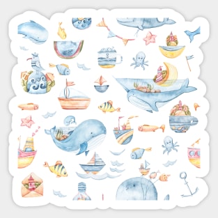 Watercolor cute whales and fish seamless pattern Sticker